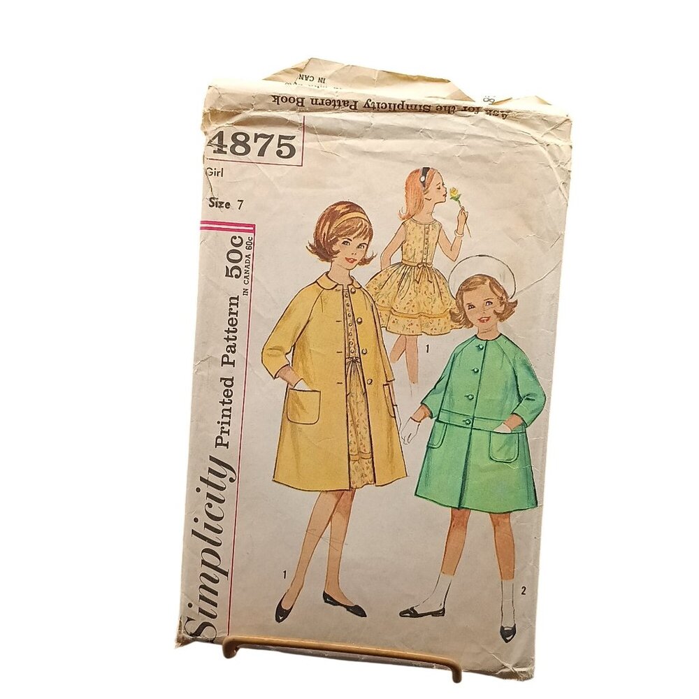 Simplicity 4875 Girls Vintage Dress & Coat Sewing Pattern Size 7 Printed 1960s